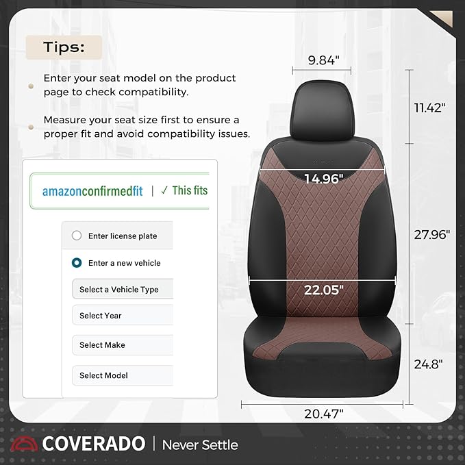 Coverado Front Car Seat Covers, Leather Seat Covers for Cars, Automotive Seat Protectors with Splicing Design，Waterproof Auto Seat Cushions Driver Seat Covers Universal for Most Cars, Black & Coffee