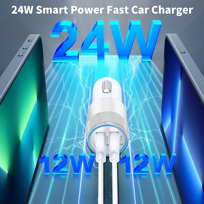 【MFi Certified】iPhone Car Charger Fast Charging, Rombica 4.8A Dual USB Smart Power Cigarette Lighter USB Car Charger with 2Pack Lightning Cable for iPhone 14 13 12 11 Pro XS Max XR SE X 8 iPad AirPods