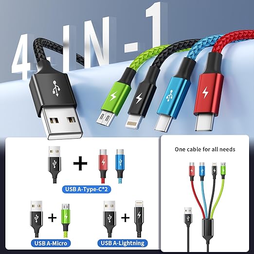 Cruise Essentials 2026 4 in 1 Multi Charging Cable [2Pack 5FT], Tangle Free USB C Car Charger Cable Nylon Braided with 2 USB-C/IP/Micro, Travel Charging Cords for iPhone Android iPad and More