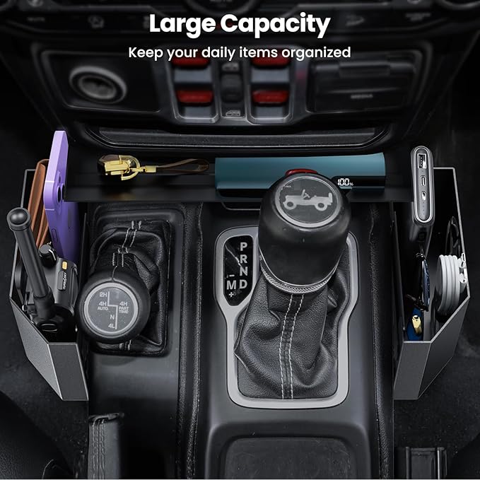 DIAMOOKY Upgraded Metal Magnetic Center Console Organizer for Jeep Wrangler JL/JLU/4XE 2018-2026 & Gladiator JT 2026 2025 2024-2020 Accessories, Gear Shift Side Storage Box,Integrated (Not for JK/JKU)