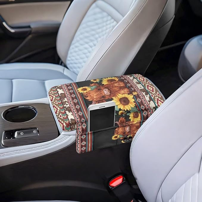Wanyint Aztec Highland Cow Sunflower Center Console Cover Non-Slip Armrest Box Pad with 4 Storage Bags Comfortable Arm Rest Pad Middle Console Cushion Protector Auto Interior Accessories