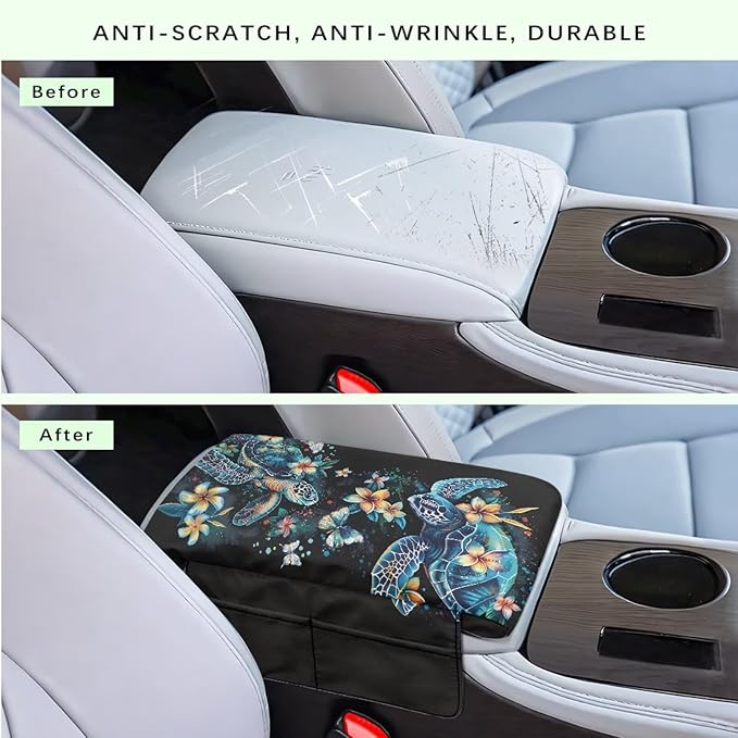 Dreaweet Sea Turtle Arm Rest Cover for Car Thick Center Console Cover with Pockets,Turtle Car Accessories Armrest Cover for SUV Truck Universal Center Console Armrest Pad