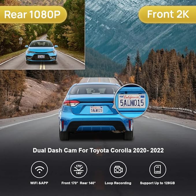 Fitcamx Front 2K and Rear 1080P Dash Cam Adapts for Toyota Corolla LE L XLE XSE SE 2020 2021 2022 Hybrid & Hatchback 2019-2022 (E210/Gen12), OEM Factory Look, Loop Recording WiFi, G-Sensor, 64GB Card