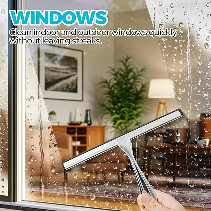 ALFLOD 2PACK Shower Squeegee for Glass Doors, Squeegee for Shower Glass，All-Purpose Tile Walls, Bathroom, Window, Glass and Car Windshield, Mirrors and Kitchen-Stainless Steel, 10 Inches, Silver