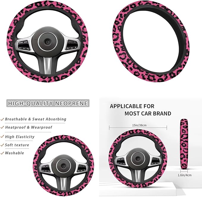 Pink Leopard Print Steering Wheel Covers Set for Women Car Interior Decor Cup Coaster Handbrake Cover Suit for Most Cars Truck Vans SUV-6 Pcs