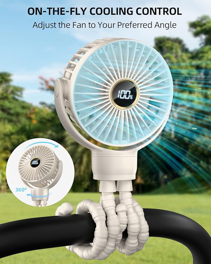 Portable Stroller Mini Fan, Small Rechargeable Personal Fan, Travel Essentials for Baby, Wagon, Car Seat, Treadmill, Battery Powered Biking Gear Accessories, 360° Rotation, 3-Speed, Display, Beige