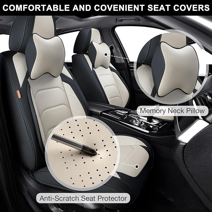 Car Seat Covers Front Pair, Breathable Nappa Leather Car Seat Cushions 2PCS, Auto Interiors Universal Fit for Most Cars, Compatible Automotive Vehicles(Sedan/SUV/Van), Black & White