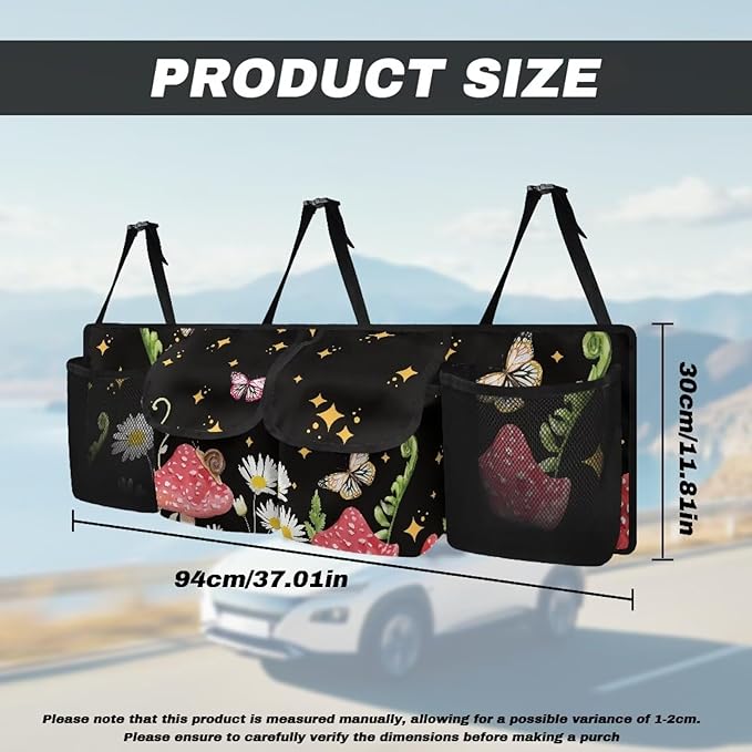 Butterfly Mushroom Car Backseat Trunk Organizer Daisy Stars Hanging Cargo Bag Multipurpose Trunk Storage Bag with 3 Adjustable Buckles