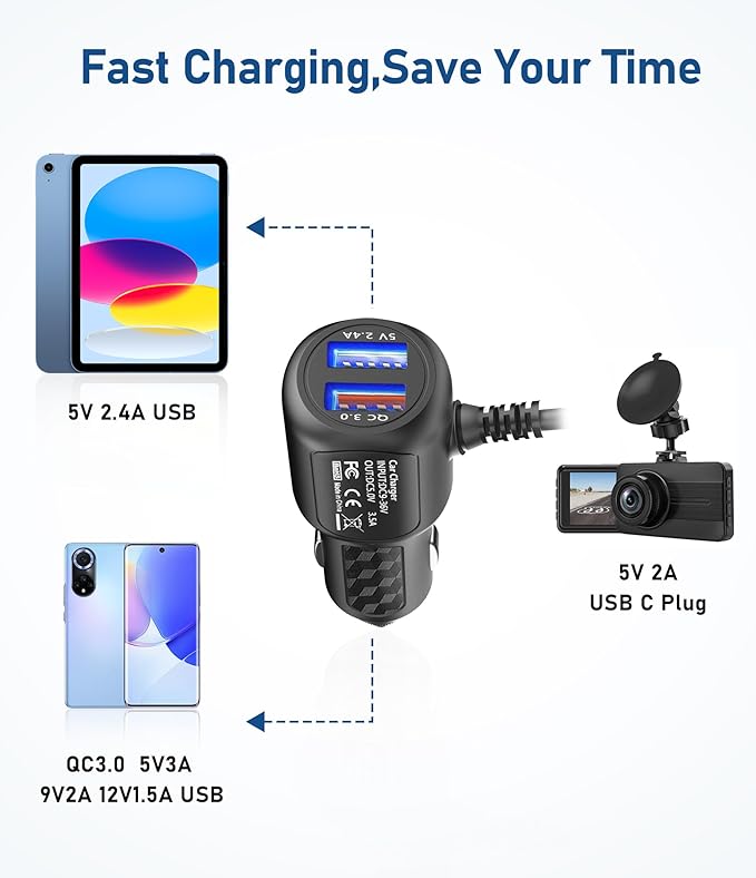 Dash Cam Charger USB C,Type C USB Power Cord,USB C Car Charger,Dual Port USB Dashcam Power Adapter,Fast Charging Cord Suitable for REDTIGER F7N、Vantrue N4、WOLFBOX etc Dashcam (6.5FT)