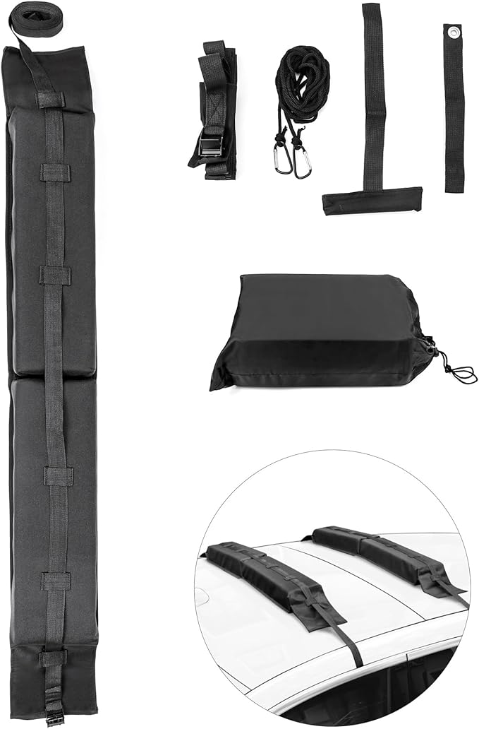 QWORK Universal Soft Roof Rack Pads with 16ft Waterproof Tie-Down Straps, Car Roof Top Carrier System for Kayak Surfboard Canoe SUP Snowboard, No Roof Rails Needed, Storage Bag