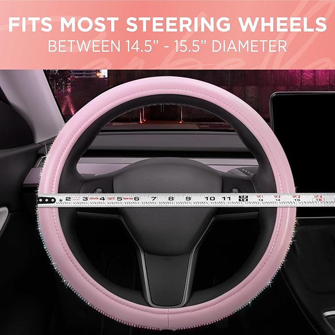 Carbella Pink Diamond Bling Steering Wheel Cover,Standard 15 Inch Size Fits Most Vehicles, Cute Faux Leather Car Steering Cover with Rhinestone Crystal, Car Accessories for Women