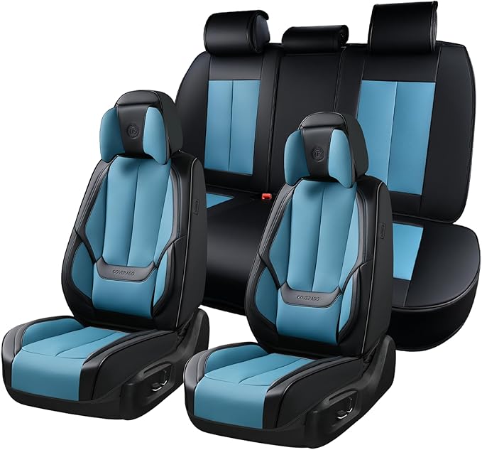 Coverado Seat Covers Full Set, 5 Seats Seat Covers for Cars, Waterproof Nappa Leather Car Seat Covers with Head Pillow, Seat Protectors Car Seat Cushion Universal Fit for Most Cars (Black&Blue)