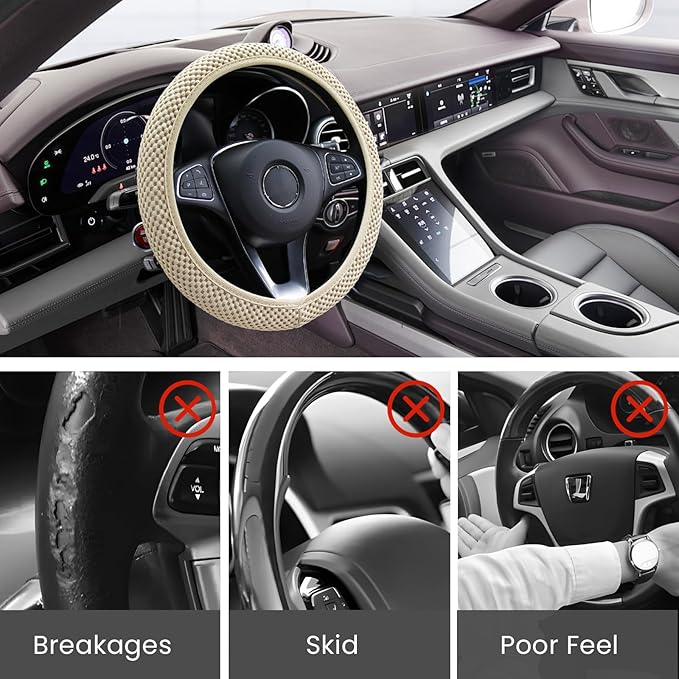 Elastic Stretch Car Steering Wheel Cover, Comfortable Steering Wheel Cover Universal for 14.5-15 Inch, Warm in Winter & Cool in Summer, Anti-Slip Breathable Ice Silk (Beige)