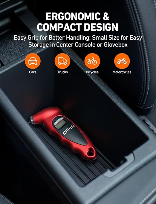 AstroAI Digital Tire Pressure Gauge 0-150PSI Calibrated to ANSI B40.7 +/-1PSI, Accurate in 0.1 Increments, Tire Repair Tools 4 Pressure Measurements for Car Truck with Backlight LCD, Red