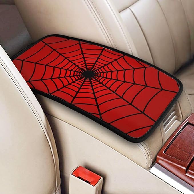 Red Spider Web Auto Center Console Cover Pad Car Armrest Seat Box Cover Cushion Universal for Most Vehicle SUV Truck Car Accessories Decor