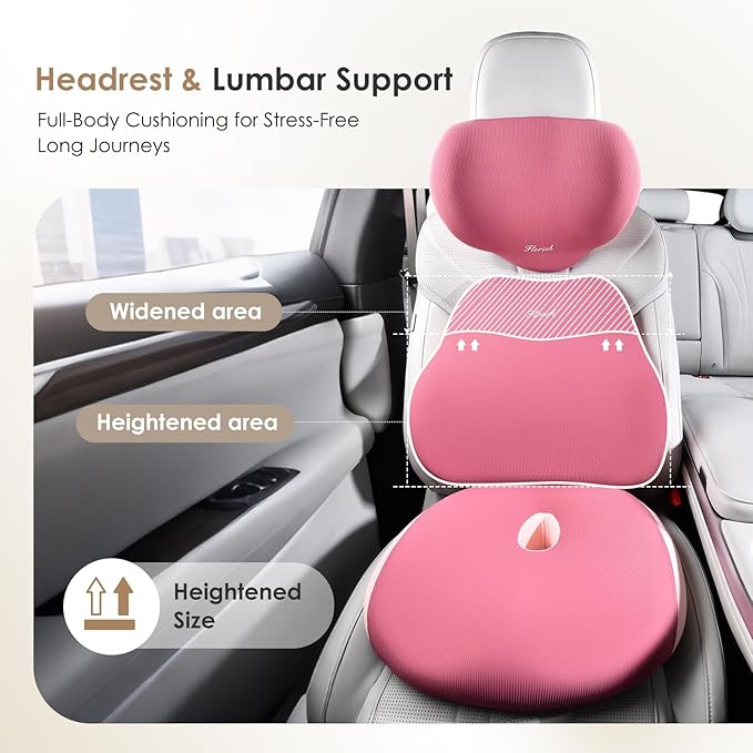 FLORICH Car Seat Cushion & Lumbar Support Pillow & Car Neck Pillow, Ergonomic Memory Foam Driving Seat Cushion for Back & Sciatica Pain Relief, Non-Slip Washable Cushion for Car, Driver, Office-Pink