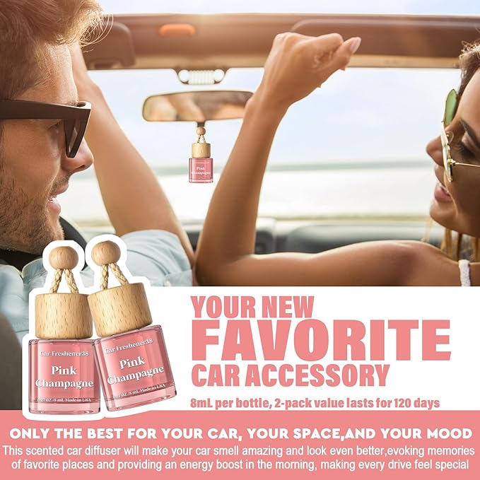 HoogaLife Car Air Freshener Diffuser 2 Pack Hanging Air Freshener Diffuser - Pink Sparkle Champagne Fragrance Oil Air Diffuse r for Car, 45+ Days Long Lasting Fragrance Made in USA (P38 SP)