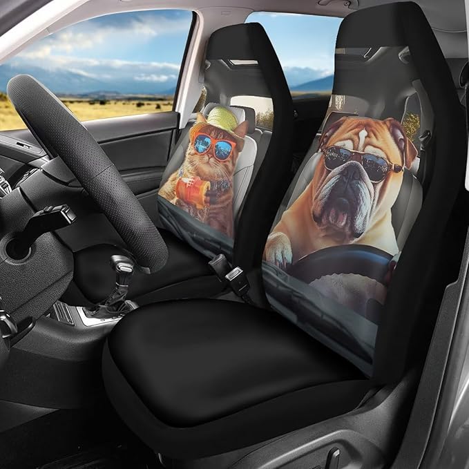 Soft Front Car Seat Covers Bulldog and Cat Full Wrapping Edge Premium Polyester Seat Covers Universal Automotive Seat Cushion Covers for Sedan,Vans,Trucks