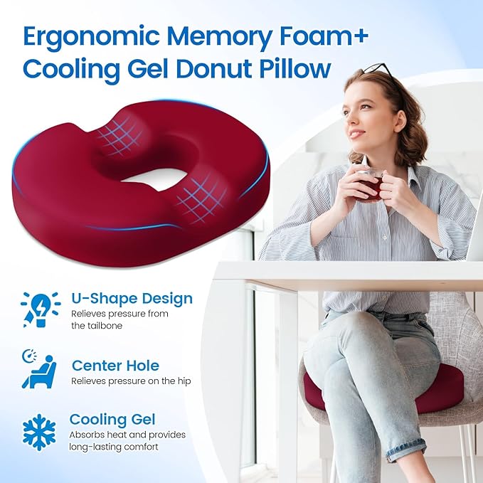 Donut Pillow Seat Cushion - Cooling Gel Outdoor Chair Cushions, Memory Foam Seat Cushion for Office & Home, Car Seat and Patio Furniture Cushions, Hemorrhoids Pillow and Tailbone Pain Relief, Red