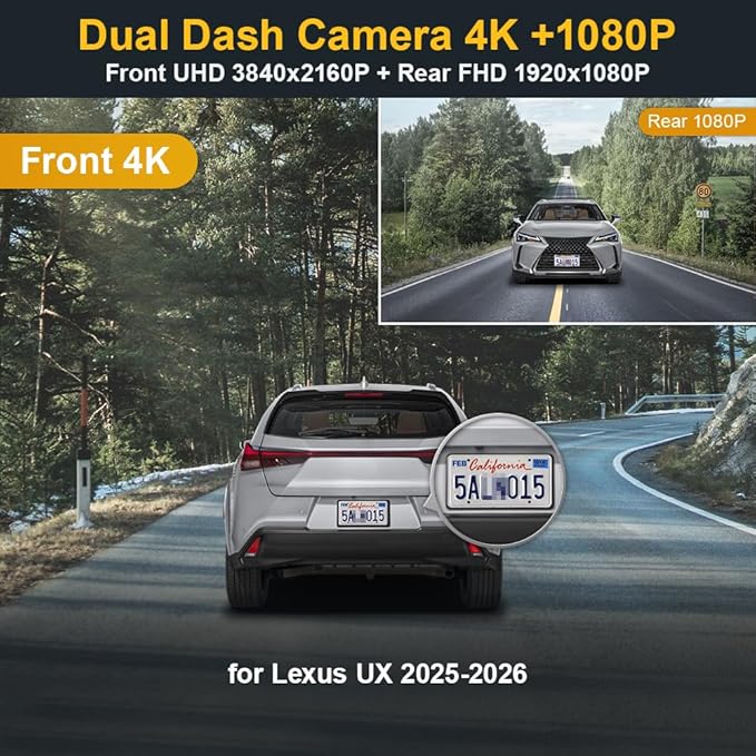Fitcamx Front 4K+Rear 1080P Dash Cam Adapts for Lexus UX 2025-2026 300h Premium F Sport Handling Design, OEM Look, 2 Way HD Video, WiFi & APP, Loop Recording, Gravity Sensor, Easy to Set, 128GB Card