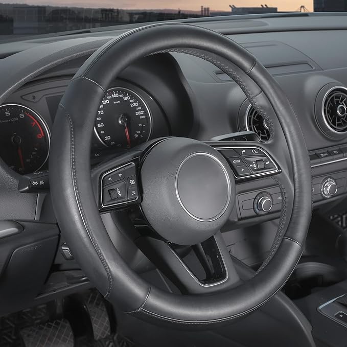 SEG Direct Car Steering Wheel Cover for Medium Standard Size Steering Wheels with 14 1/2-15 inches Outer Diameter, Black Microfiber Leather