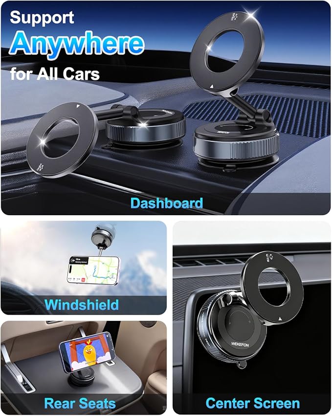 Upgraded Vacuum Magnetic Car Phone Holder for Your Car [120LBS Ultra Suction Cup & 3000gf Magnet] 780° Adjustable Foldable Cell Phone Mount for Magsafe Dashboard Car Bracket Stand for iPhone & Android