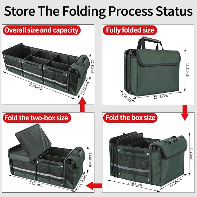 Car Trunk Organizer with Cooler Bag, Collapsible Multi-Compartment Car Organizer for SUV, Truck, Durable Car Storage Organizer for Groceries, Camping, Christmas Gifts (Green)