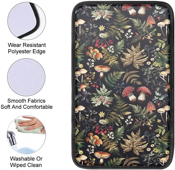 Dreaweet Car Armrest Cover Pad Black Center Console Cover Replacement for Car SUV Truck Sedan,Cute Mushroom Car Accessories for Women Girly