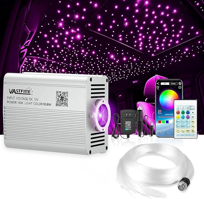 VASTFIRE Starlight Headliner Kit - 800pcs 0.02in 9.8ft Fiber Optic Star Lights for Car with 16W RGBW, Twinkle & Music Sync, APP/Remote Control for Car Roof/Bedroom Ceiling