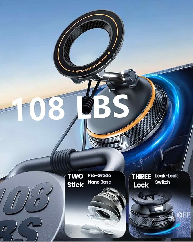 Magnetic Car Phone Holder, 360° Adjustable Vacuum Dashboard and Windshield Mount Cell Phone Holders for Your Car, Carbon Fiber 108+LBS Nano Gel Suction Cup, iPhone, Samsung (Black)