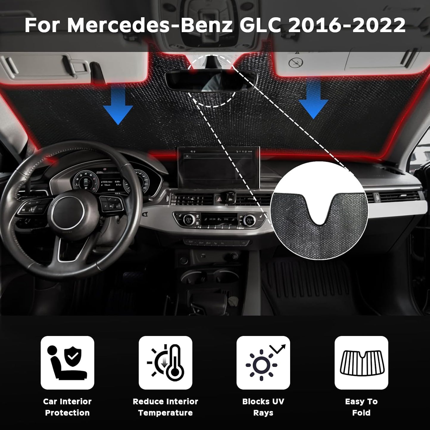 Windshield Sun Shade for Mercedes-Benz GLC SUV 2016-2022 - 5-Layer Bubble Foldable Front Window Shade Sun Visor Accessories - Blocks Heat & UV Rays