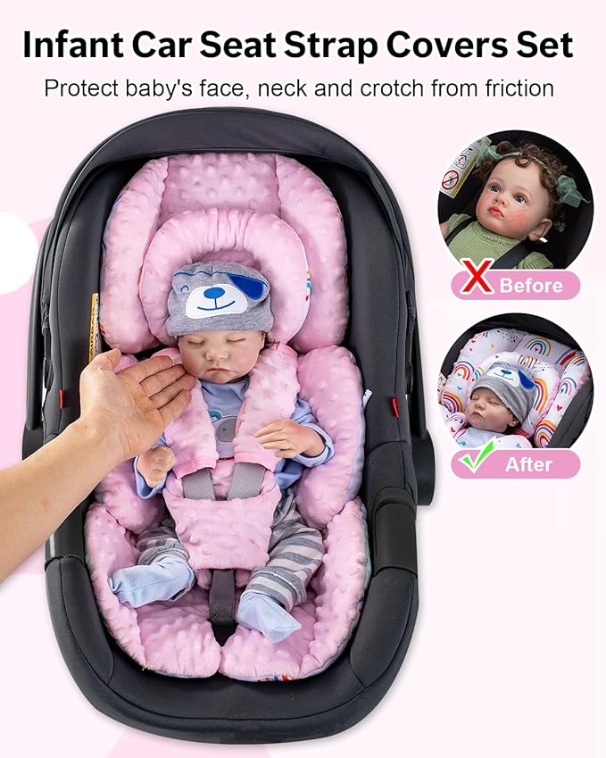 Infant Insert with Extra Headrest & Shoulder Pads, Baby Car Seat Head Neck Body Support, 2-in-1 Reversible Baby Car Seat Cuhsion for Girls Boys, Newborn Carseat Head Support for Stroller, Swing