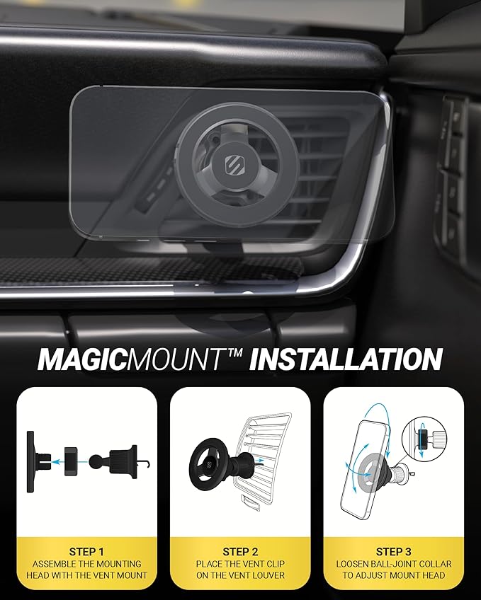 Scosche MagSafe Car Mount Vent, Phone Holders for Your Car with Strong Magnetic Hold and Secure Twist-Lock Vent Clip, Rotatable Car Phone Holder for iPhone 17 16 15 14, Includes Magnetic Ring, 2-Pack