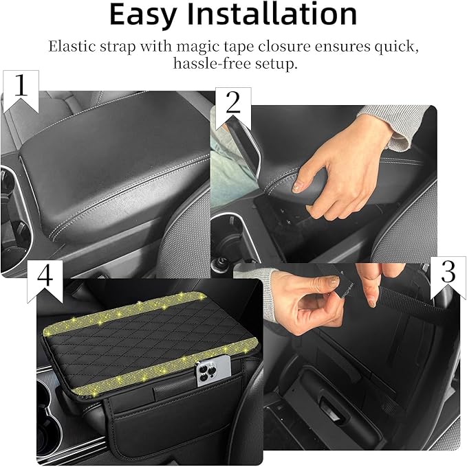 NBTEPEM Bling Car Center Console Cover, Leather Car Arm Rest Cover Cushion with 2 Storage Bags, Universal Auto Armrest Protector Storage Box, Bling Accessories Interior for Most Vehicles (Yellow)