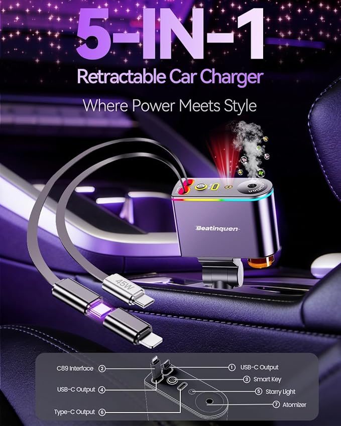 【2026 Upgrade】 5 in 1 Retractable Car Charger USB C - Fast Charging Retractable Car Phone Charger with Car Air Freshener Diffuser - 66W Cigarette Lighter Adapter USB-C/Type-C for iPhone17/16/15/14