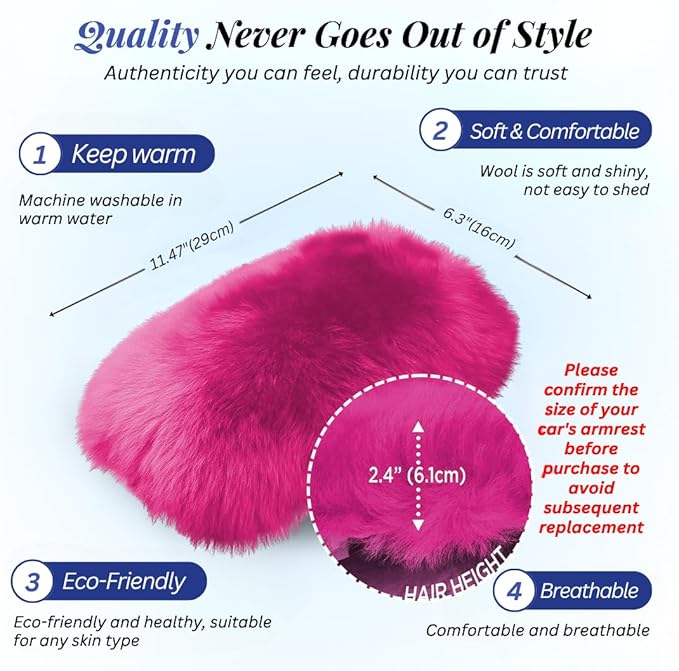 Andalus Brands Pure Australian Sheepskin Fluffy Car Center Console Cover, Luxurious Non-Shedding Furry Arm Rest Cover for Car, Versatile for All Seasons, Hot Pink - (11.47" X 6.3")