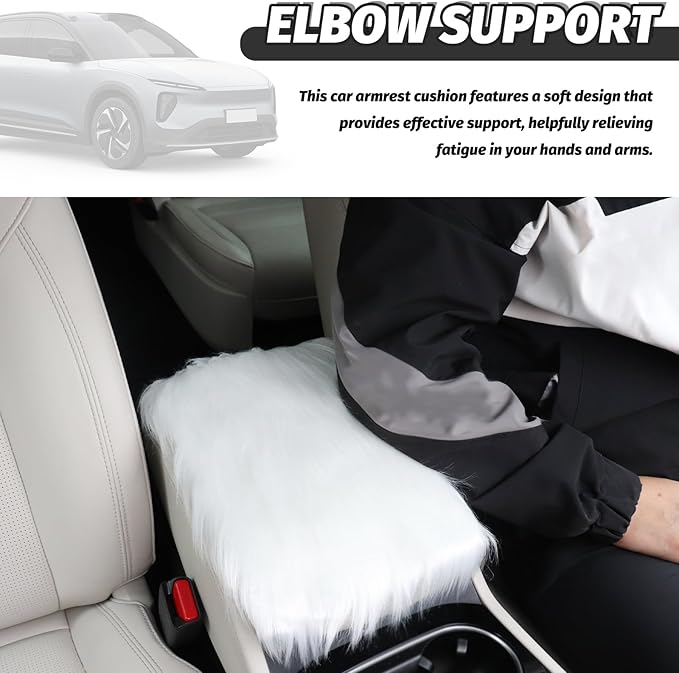 Soft Car Center Console Cover,Fluffy Arm Rest Cover for Car with Elastic Straps to Relieve Fatigue,Cars Armrest Cushion Universal Cars Decorations for Vehicles SUVs Trucks (White)