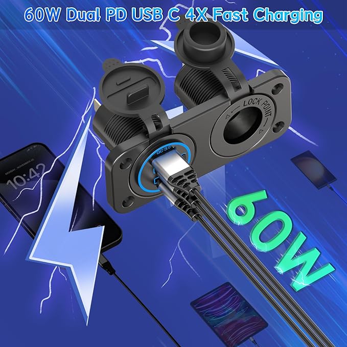Cigarette Lighter Socket Qidoe 12V Splitter Panel 78W 12V USB Outlet Dual USB C PD&QC3.0 Car Charger Socket ON/Off Switch Waterproof 300W Power Cigarette USB Adapter for Car Marine RV