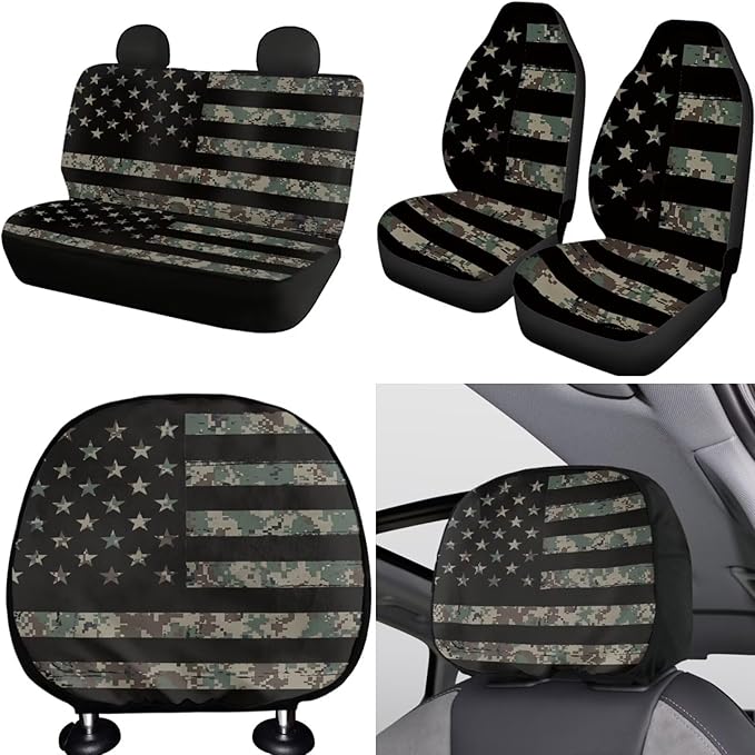 FKELYI Camo Car Seat Covers Full Set American Flag Car Gear Shifter Knob and Handbrake Cover, Breathable Steering Wheel Protector, Headrest Covers,Cup Coasters