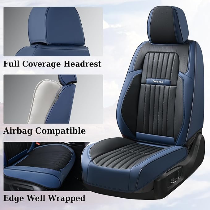 Coverado Car Seat Covers Full Set, Car Seat Protector Car Seat Cushion, Nappa Leather Seat Covers for Cars, Front and Back Seat Protectors Cushions Universal Fit for Most Cars Vehicles(Blue&Black)