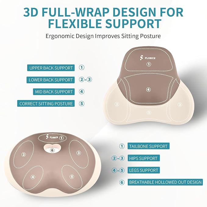 FLORICH Seat Cushion and Lumbar Support Pillow for Office Chair Car Neck Headrest Pillow 100% Memory Foam Seat Pads Pressure Relief Back Cushion and Carseat Pads(Brown)