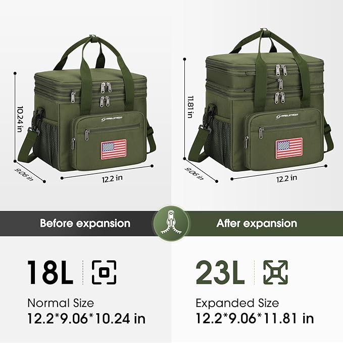Maelstrom Lunch Box, 23L Insulated Lunch Bag, Expandable Double Deck Cooler Bag, Lightweight Leakproof Tote Bag With Side Tissue Pocket, Suit For Men and Women (G.Army Green with DIY Hook-and-Loop)