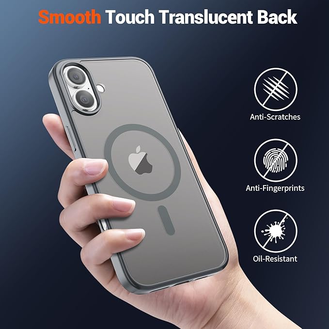 SUPFINE Magnetic for iPhone 16 Case (Compatible with MagSafe) (Military Grade Drop Protection) Translucent Matte Shockproof Phone Cover,Gray