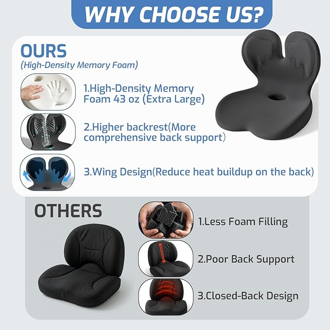 Ergonomic Seat Cushion,Office Chair Cushion with Lumbar Support Pillow,Memory Foam Car Seat Cushions,Designed for Sciatica, Tailbone,Back Pain,Back Cushion for Office,Car,Home Desk Chair