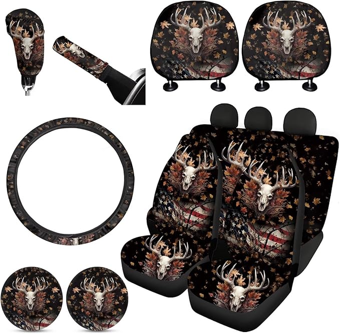 FKELYI Camo Hunting Deer American Flag Car Seat Covers Full Set with Headrest, Cup Coasters, Gear Shift, Handbrake, Steering Wheel Cover, Forest Camo Pattern