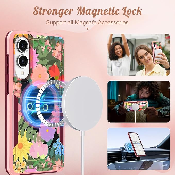 for Samsung Galaxy S25 Edge Case - Compatible with MagSafe Women Girls Cute Magnetic Protective Phone Cover Girly Cat Flowers Floral Heavy Duty Shockproof Design for Samsung S25 Edge Case