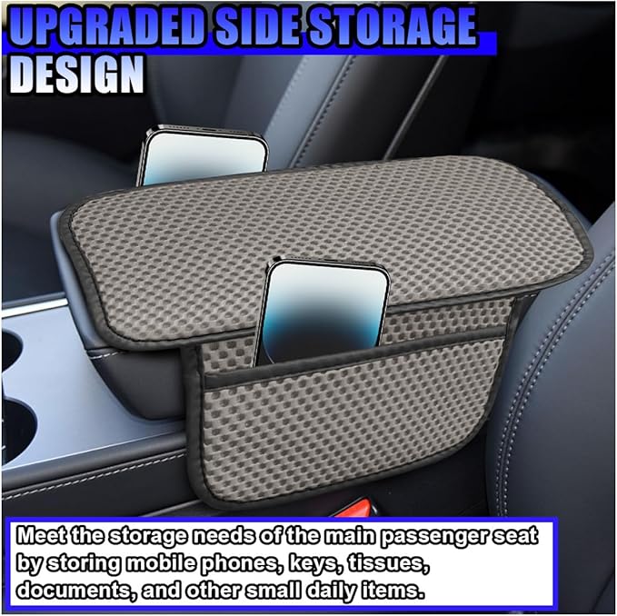 Car Center Console Cover, Cooling Auto Armrest Cushion Pad with 2 Storage Bags, Breathable Elbow Pillow Middle Console Protector, Universal Vehicle Interior Accessories (Grey)