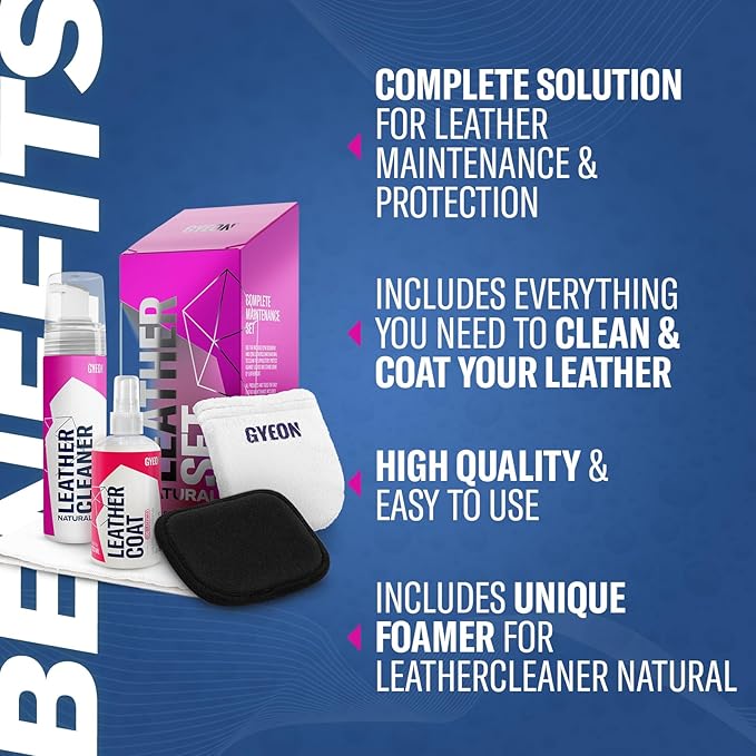 GYEON LeatherSet Natural automotive leather cleaning coating kit pre‑cleaner plus leather sealant protection for car seats interiors hydrophobic ceramic sheen prep & maintain