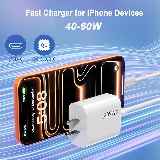 iPhone 17 16 15 Charger USB C Charger Block, 2Pack 40W-60W Dynamic USBC Fast Charging Block with Long 10FT Type-C to C Cable Charging Cord Compatible with iPhone 17/17 Pro/Air/16/15 Pro Max/Plus, iPad