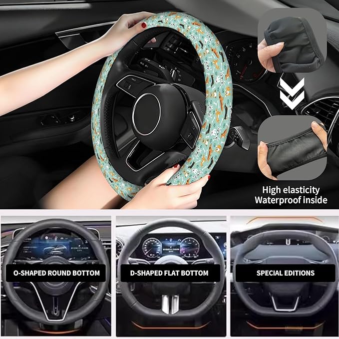 Elastic Car Steering Wheel Cover, Universal 15 inch Non-Slip Breathable Neoprene Steering Wheel Protector, Car Accessories for Women Men Fit Auto, Suvs, Truck Cute Dogs